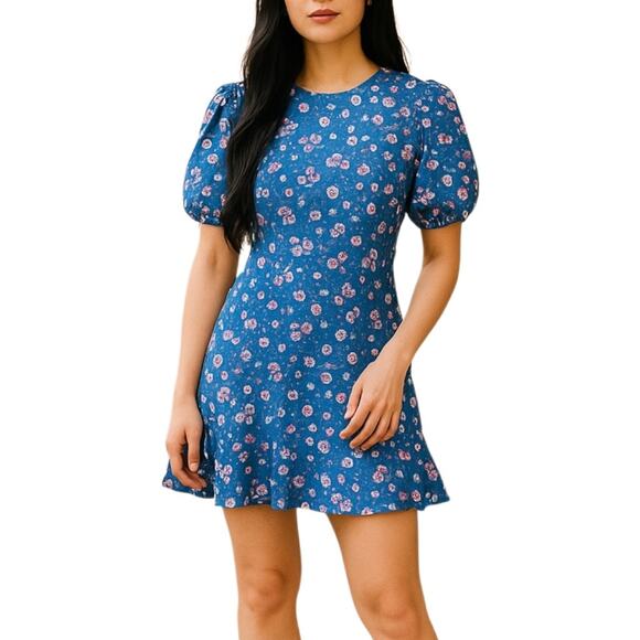Puff Sleeve Mini Dress XS Blue Cotton Soft Girl Cottagecore Coquette‎ Date Night - Picture 1 of 11